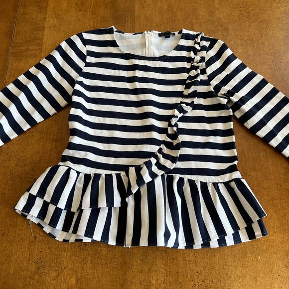 J. Crew Navy White Striped Ruffle 3/4 Sleeve Peplum Shirt Top Medium Black M Shi - Picture 3 of 5
